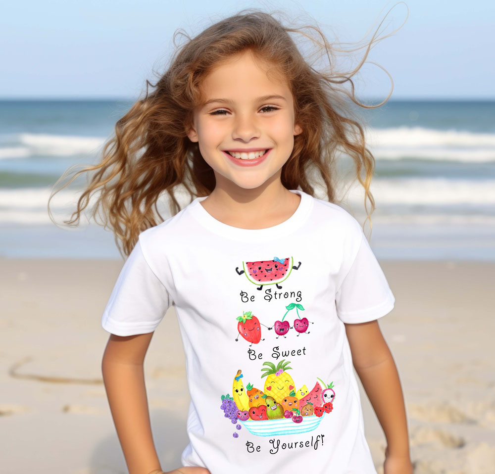 Girls T shirts: Cute T shirt "Be Strong, Be Sweet, Be Yourself!" Girl T shirt with Kawaii Fruit