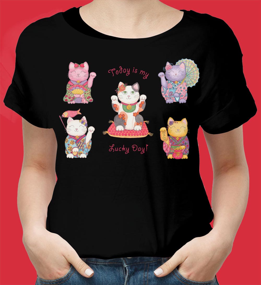 Womens Graphic Tees: Black T shirt "Today is my Lucky Day" Women's T shirts with Maneki Neko Lucky Cat