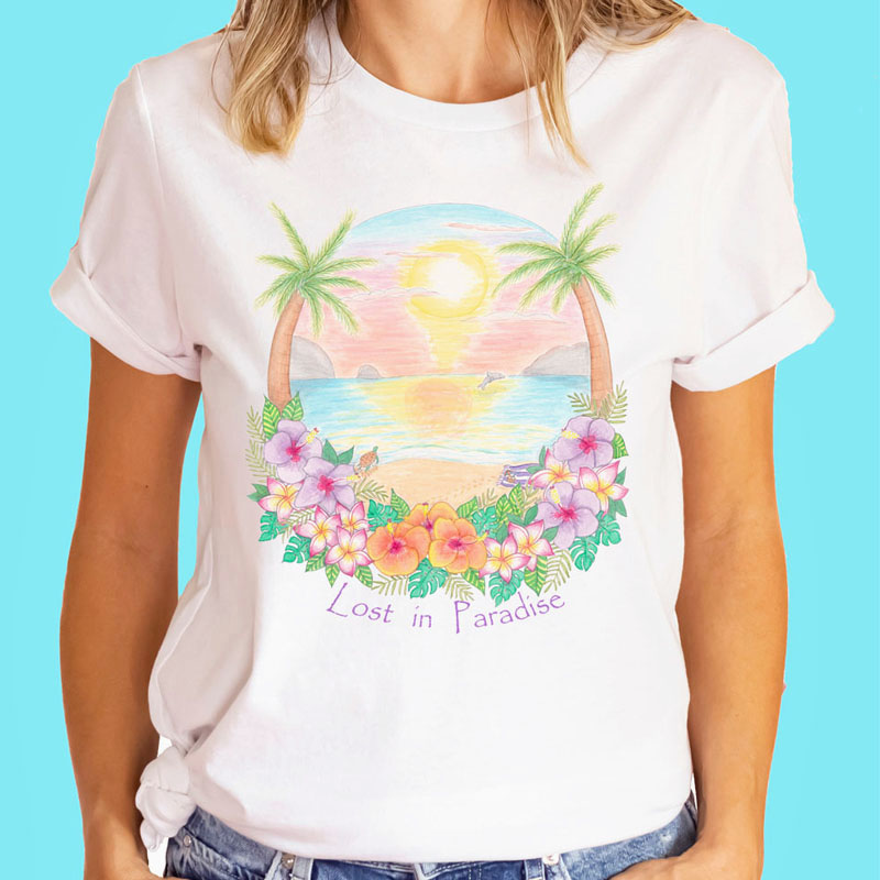 White T shirt: White Tee "Lost in Paradise" Tropical T shirt, T shirt in white, Beach T shirts, White T shirt, Womens graphic tees