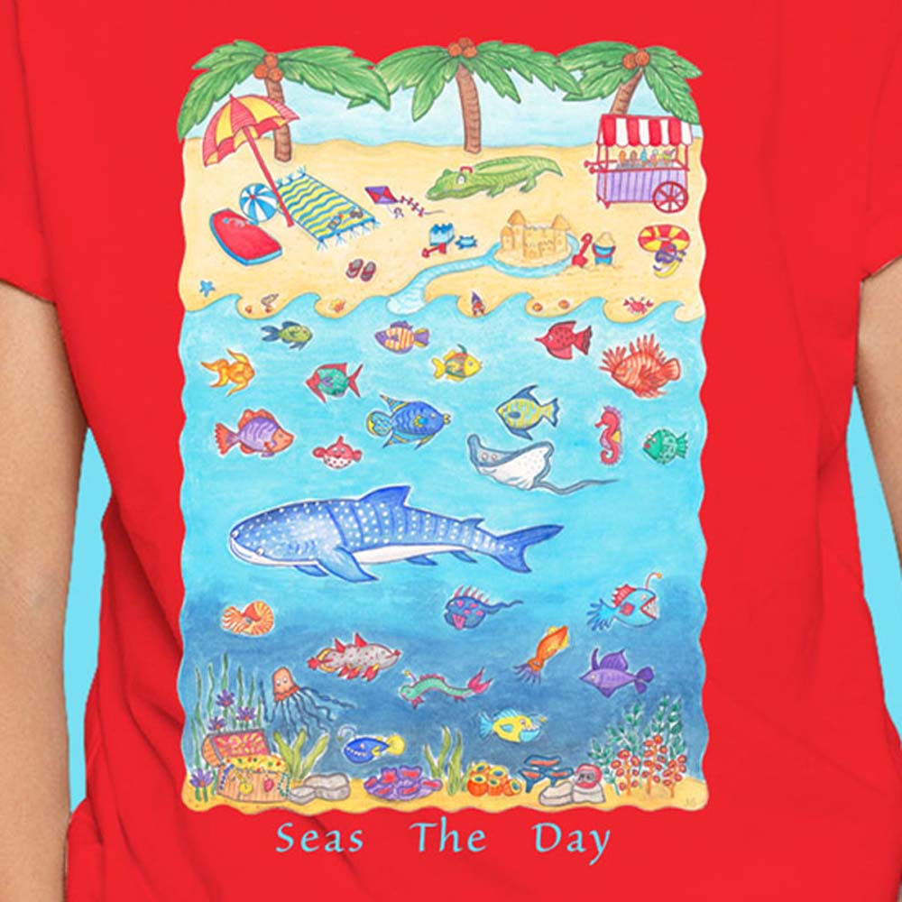Kids T shirts: Red T shirt "Seas the Day" Beach T shirts with Whale Shark