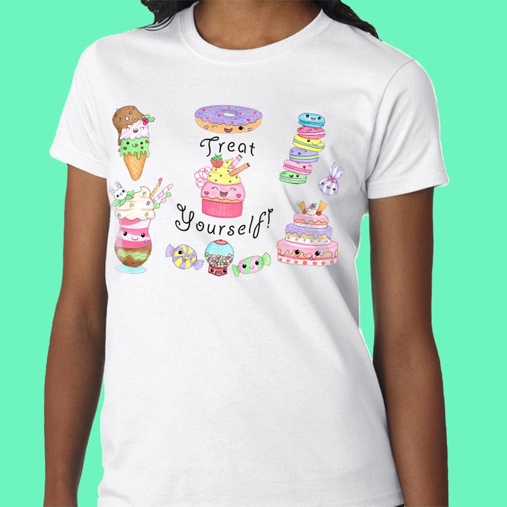 Womens Graphic Tees: White T shirt "Treat Yourself" Cute T shirts with Kawaii Cake 