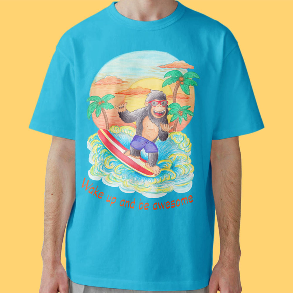 Aqua tee: Surfboard T-Shirts "Wake Up and Be Awesome" Blue T-Shirt with Surfing Gorilla