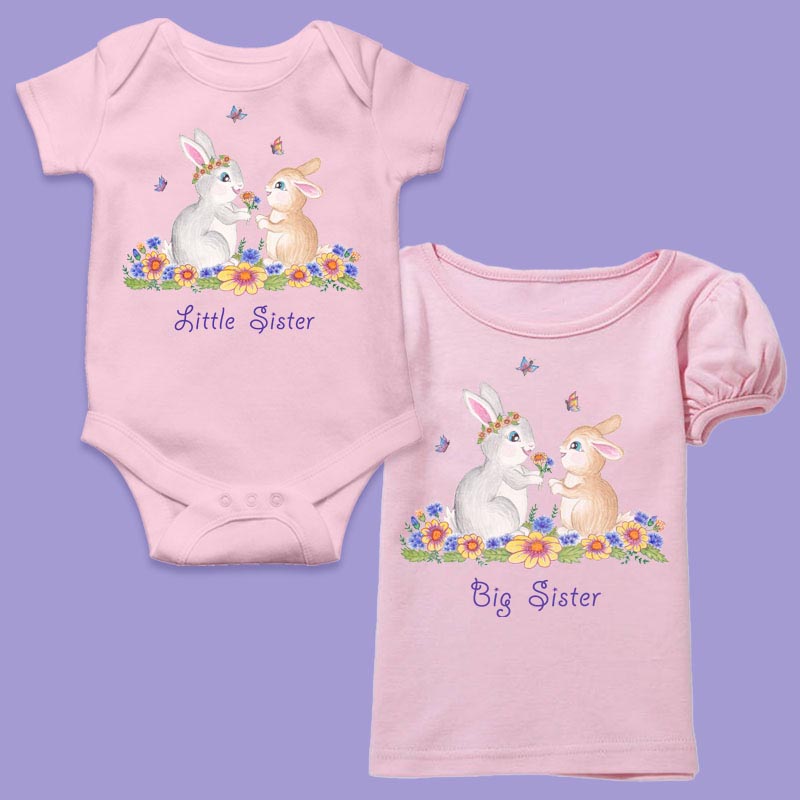 Big Sister and Little Sister Outfits: Baby Girl Rompers and Big Sister T shirt with Cute Bunnies