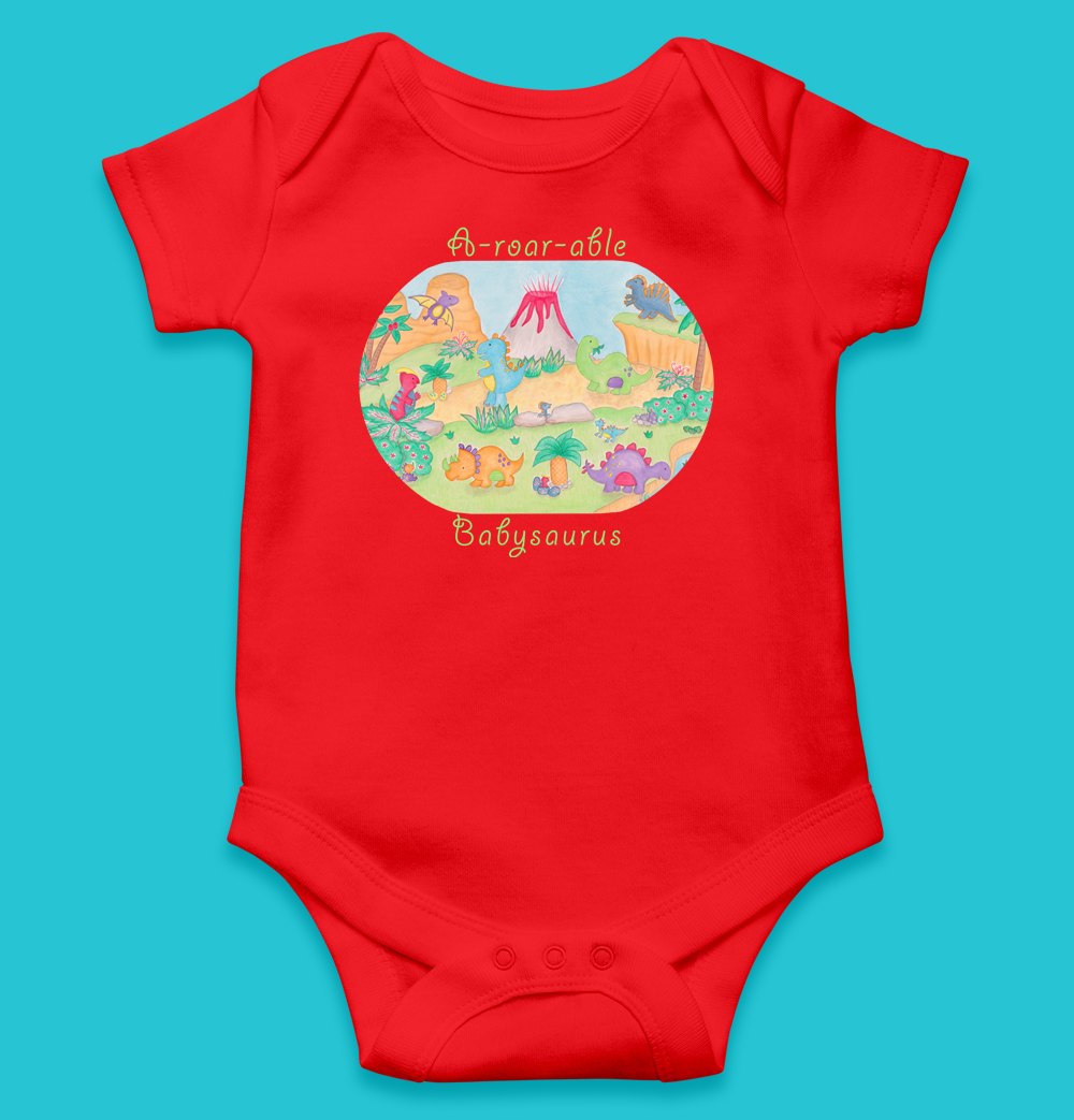 Dinosaur baby boy romper: Baby boy gifts "A-roar-able Babysaurus" baby gift set. Red bodysuit and baby swaddle wraps, gift set for newborn