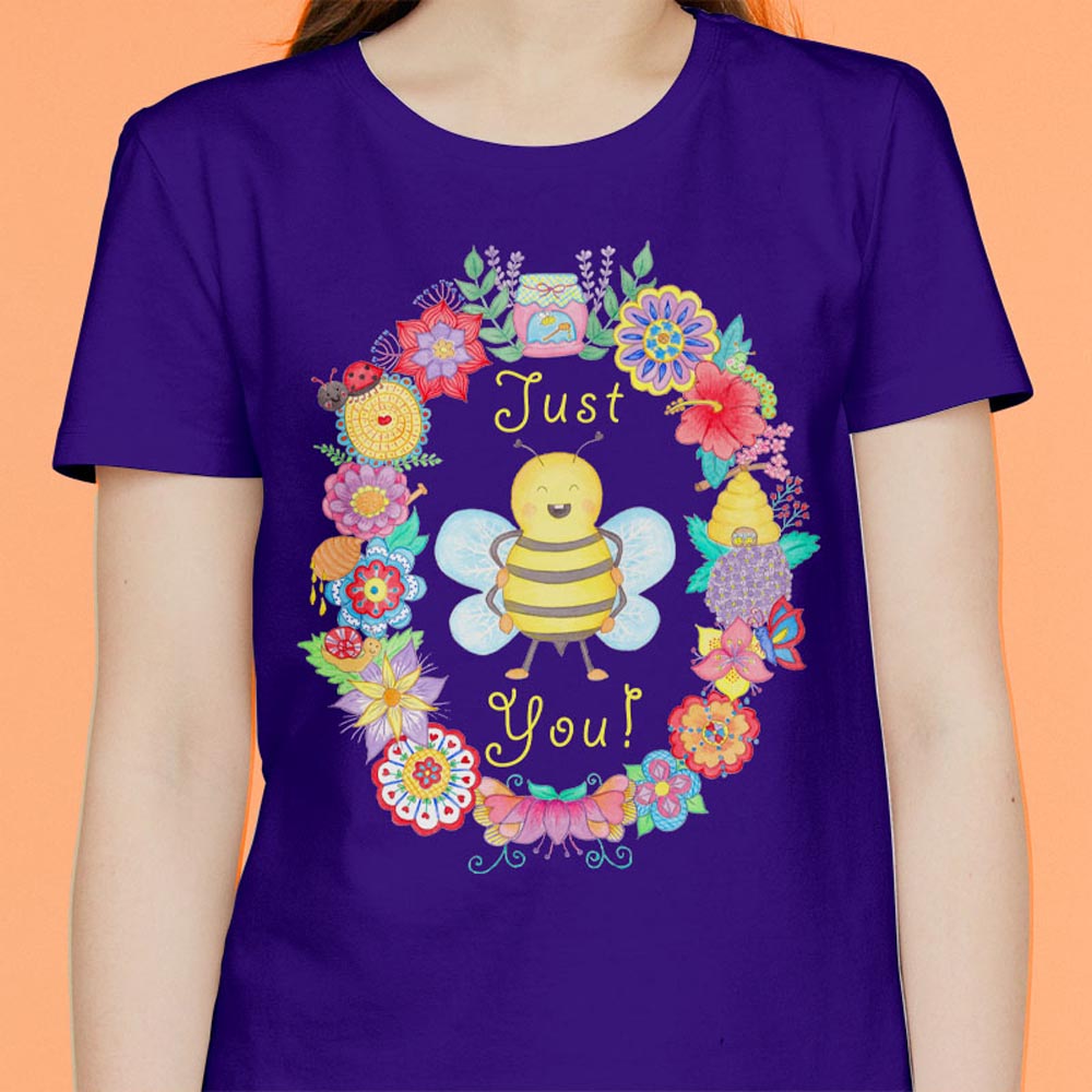 Girls T shirts: Purple T shirt "Just Bee You" girl T shirt with Cute Bee and Flowers