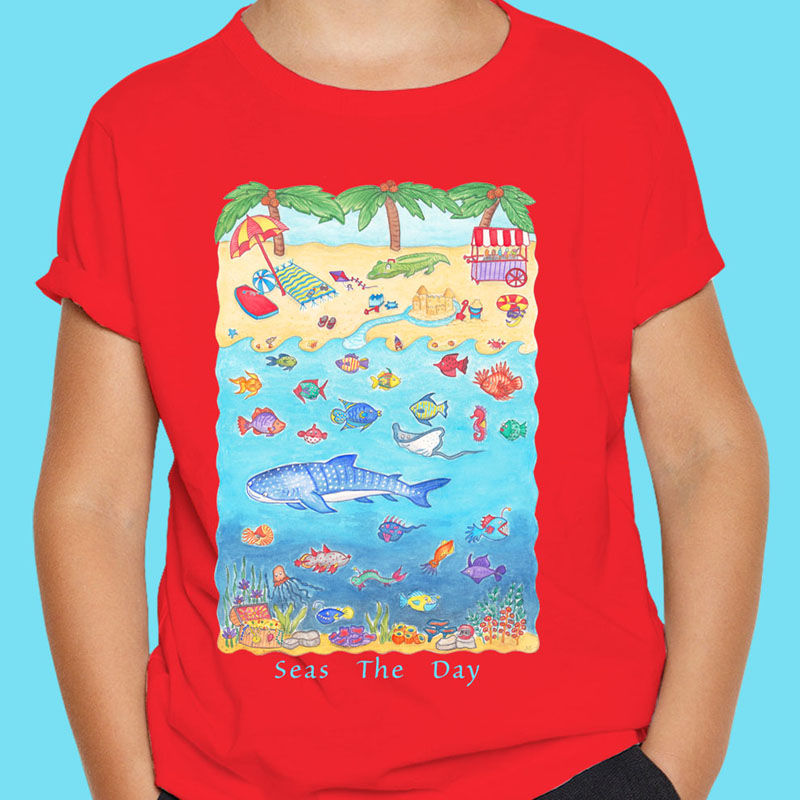 Beach T shirts: Red T shirt "Seas the Day" Children T shirt. Whale shark T shirts, Beach tee shirts, Boys T shirts, Girl T shirt, Red colour T shirt