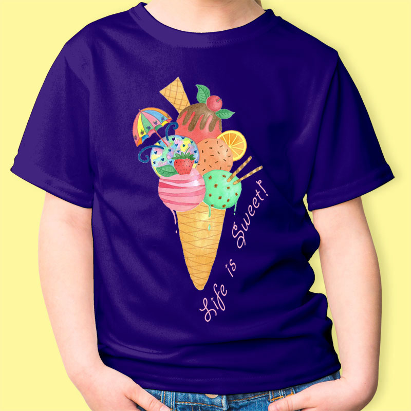 Girls Purple T shirt: Purple Colour T shirt "Life is Sweet" Girl T Shirt with Icecream Cone