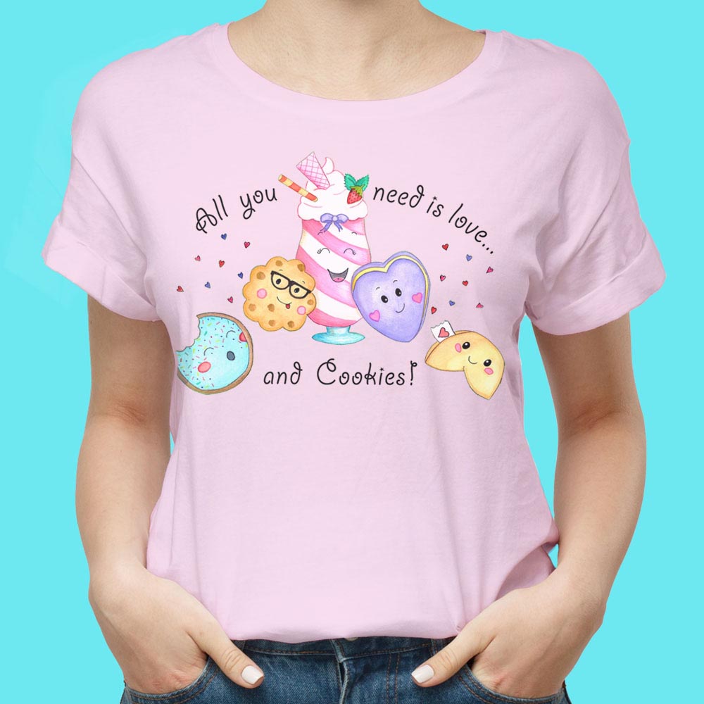 Womens Graphic Tees: Cotton T shirt "All You Need is Love and Cookies" Pink T shirts with Cute Cookies