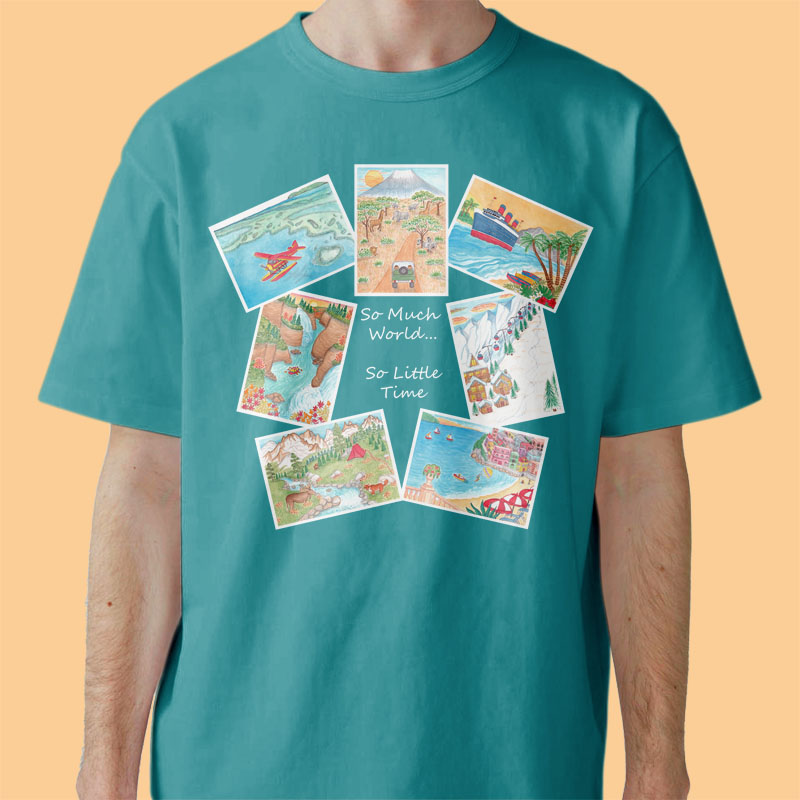 Mens Graphic Tees: Postcard T shirt "So Much World... So Little Time" Male Graphic Tees Holiday T shirts