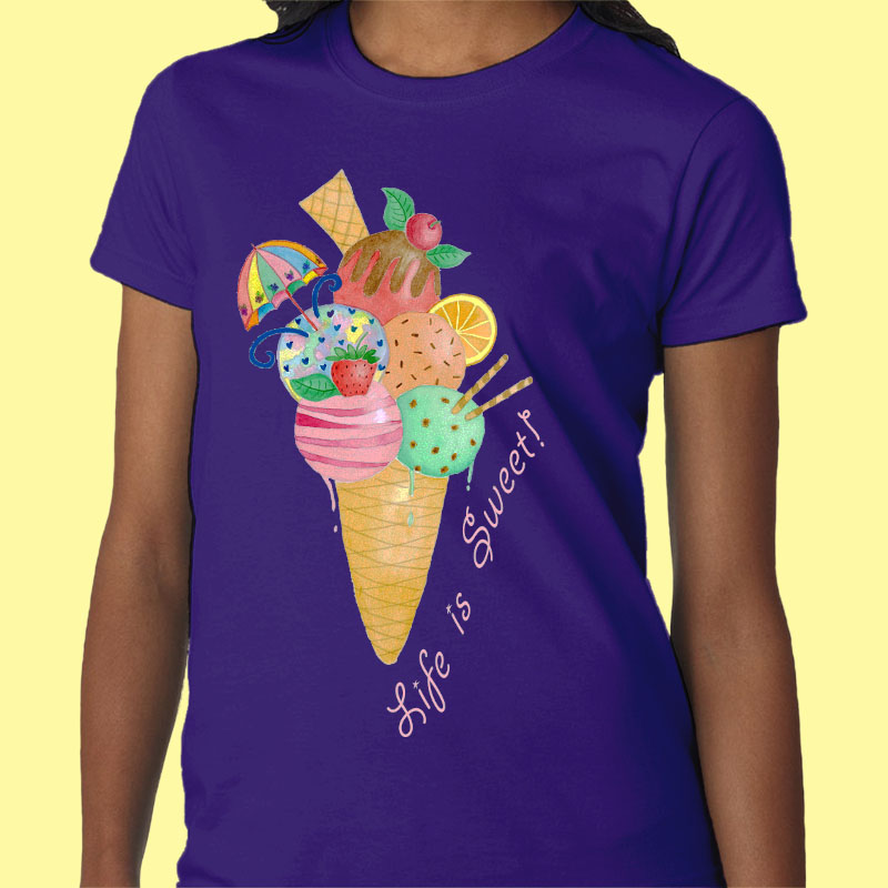 Purple T shirt: Purple Colour T shirt "Life is Sweet" Womens Graphic Tees with Icecream Cone
