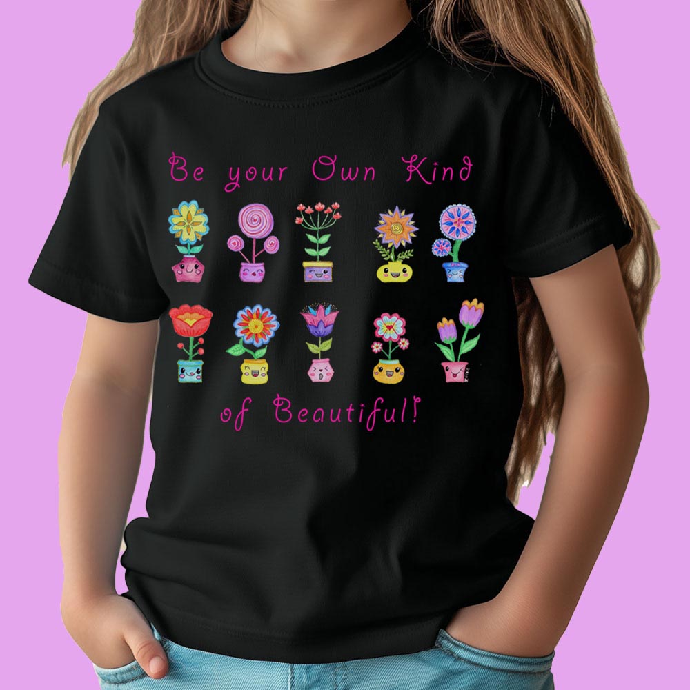 Girls T shirts: Black T shirt "Be Your Own Kind of Beautiful" Girl T shirt with Cute Flower