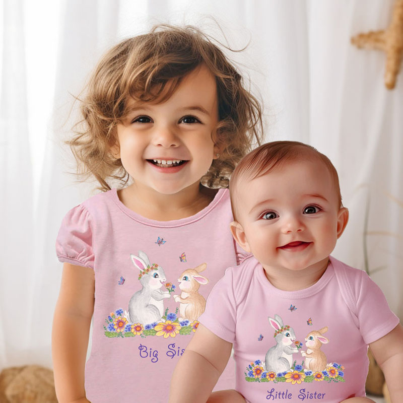 Big Sister and Little Sister Outfits: Baby Girl Rompers and Big Sister T shirt with Cute Bunnies