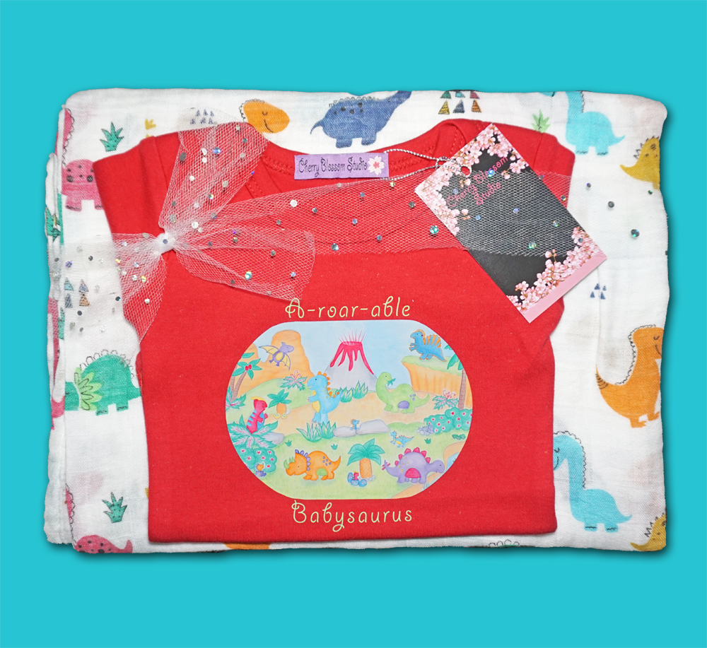 Dinosaur baby boy romper: Baby boy gifts "A-roar-able Babysaurus" baby gift set. Red bodysuit and baby swaddle wraps, gift set for newborn