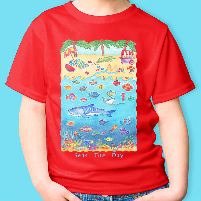 Beach T shirts: Red T shirt "Seas the Day" Children T shirt. Whale shark T shirts, Beach tee shirts, Boys T shirts, Girl T shirt, Red colour T shirt