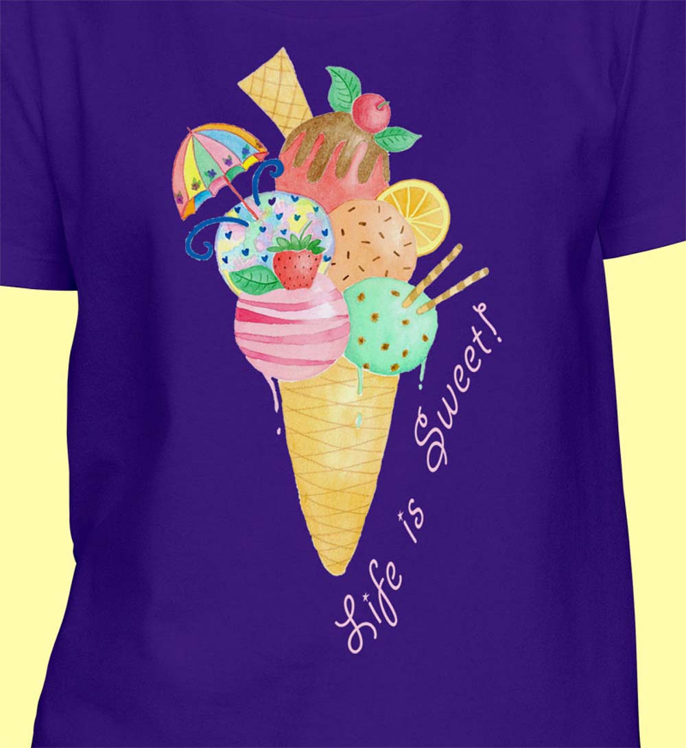 Girls T shirts: Purple Colour T shirt "Life is Sweet" Girl T Shirt with Icecream Cone