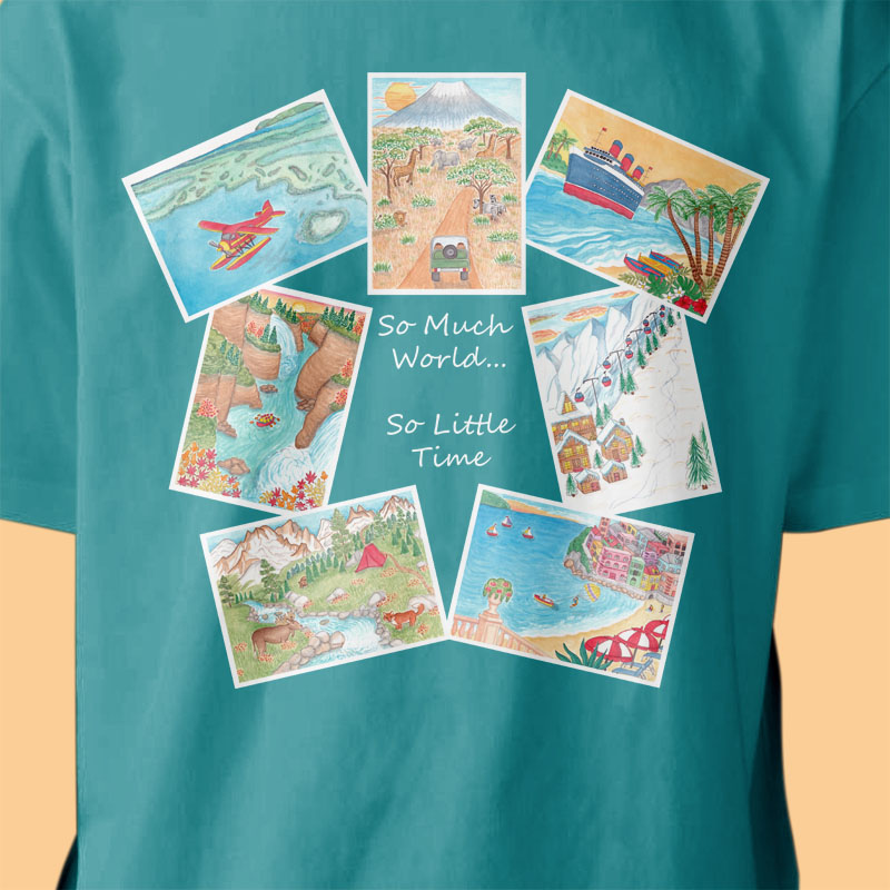 Mens Graphic Tees: Postcard T shirt "So Much World... So Little Time" Male Graphic Tees Holiday T shirts