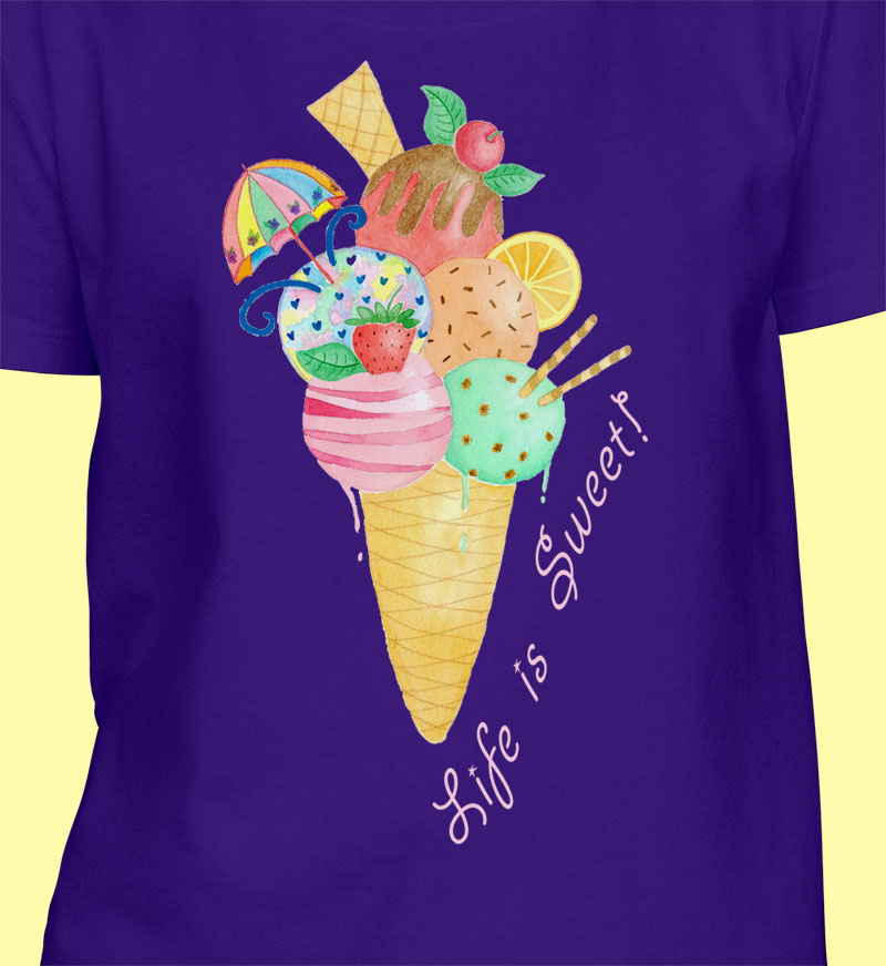 Girls Purple T shirt: Purple Colour T shirt "Life is Sweet" Girl T Shirt with Icecream Cone