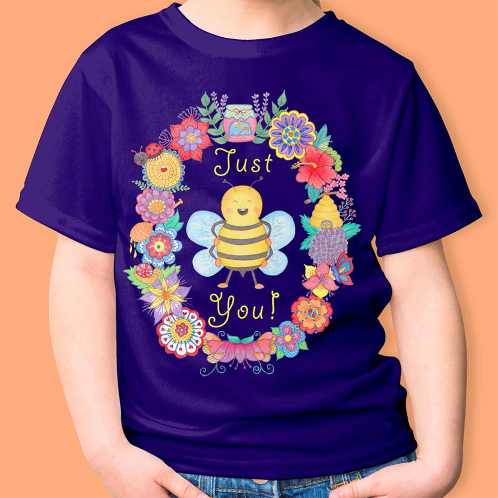 Girls T shirts: Purple T shirt "Just Bee You" girl T shirt with Cute Bee and Flowers