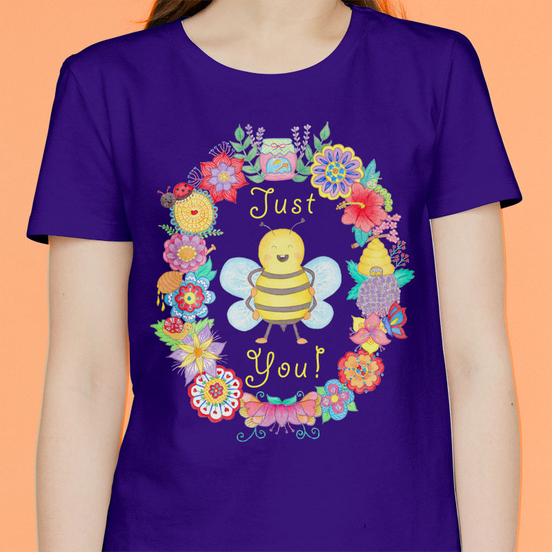Purple T shirt: Purple Colour T shirt "Just Bee You" womens graphic tees with cute bee and flower graphic