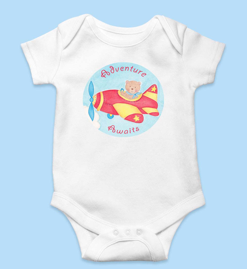 Baby Shower Gifts: White Infant Romper "Adventure Awaits" Bear Onesie with Baby Muslin Wrap