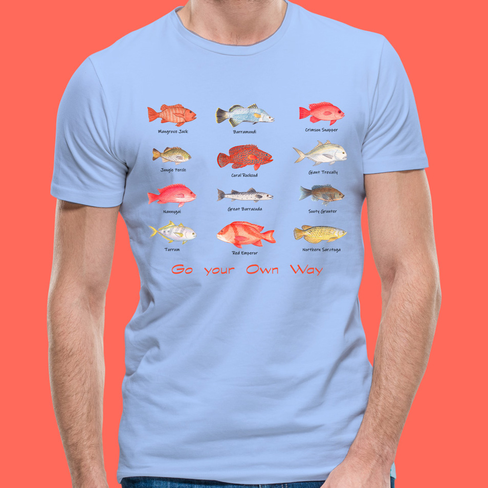 Fish T shirt: Boys T shirts "Go Your Own Way" with Cairns Fish. Blue T shirt, Fishing gifts, Boys Tshirts, Fishing tee shirts