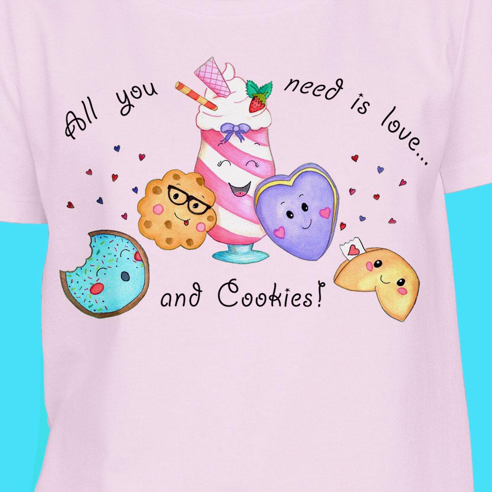 Womens Graphic Tees: Cotton T shirt "All You Need is Love and Cookies" Pink T shirts with Cute Cookies