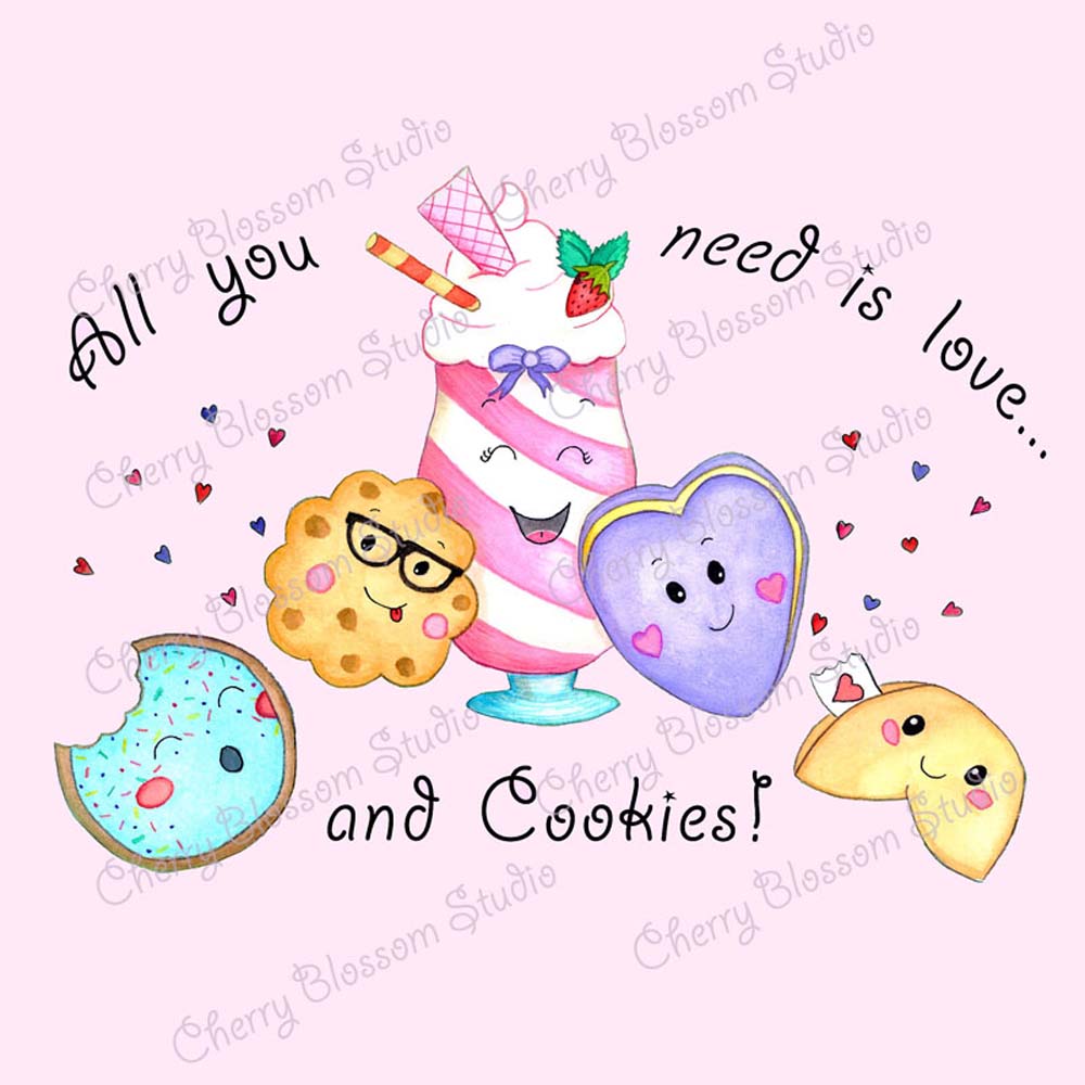 Womens Graphic Tees: Cotton T shirt "All You Need is Love and Cookies" Pink T shirts with Cute Cookies
