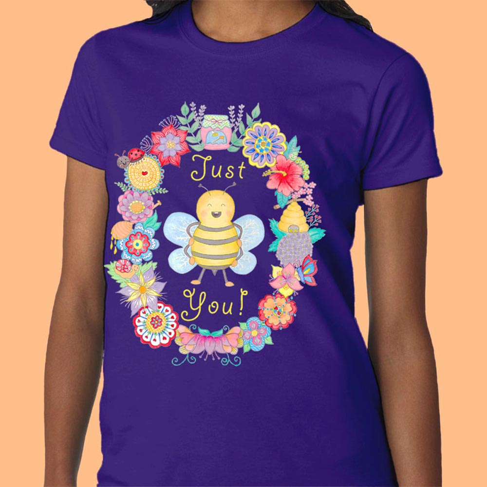 Womens Graphic Tees: Women's T Shirts "Just Bee You" Purple T shirt with Cute Bee and Flowers