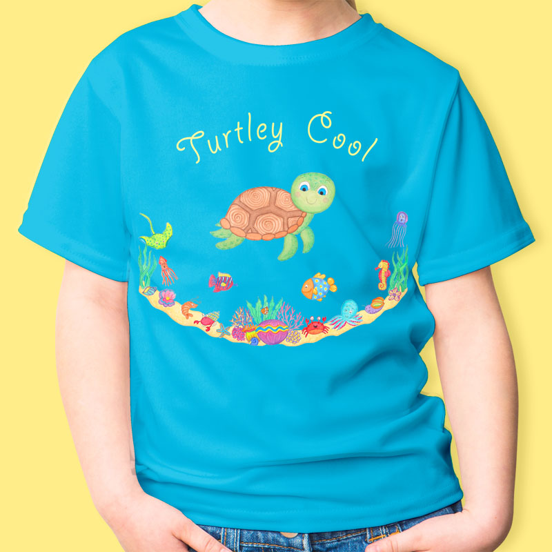 Blue T Shirt: Turtle T Shirt "Turtley Cool", Blue colour T Shirt with Cute Turtle for Kids