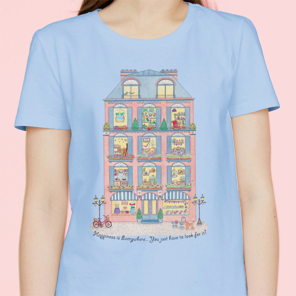 Blue T shirt: Blue colour T shirt "Happiness is Everywhere" Women's t shirts; Cotton t shirts women, Graphic tees women