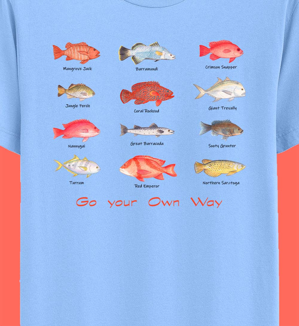 Fish T shirt: Boys T shirts "Go Your Own Way" with Cairns Fish. Blue T shirt, Fishing gifts, Boys Tshirts, Fishing tee shirts