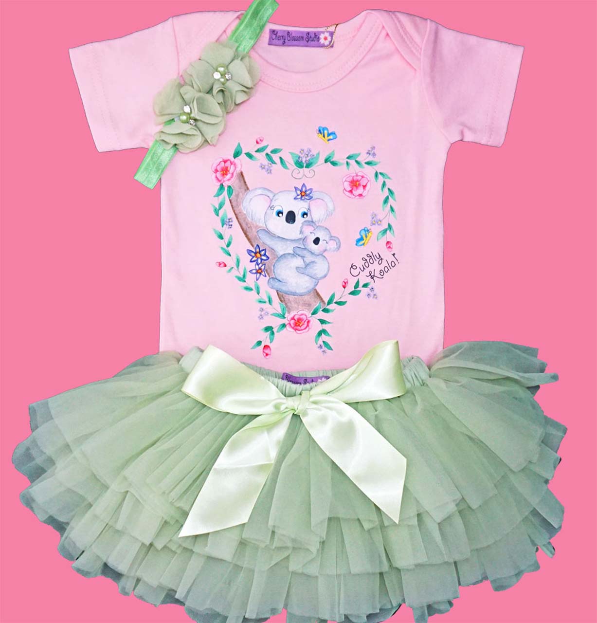 Baby Girl Clothes: Koala Onesie "Cuddly Koala" Pink Romper with Baby Tutu and Flower Headband