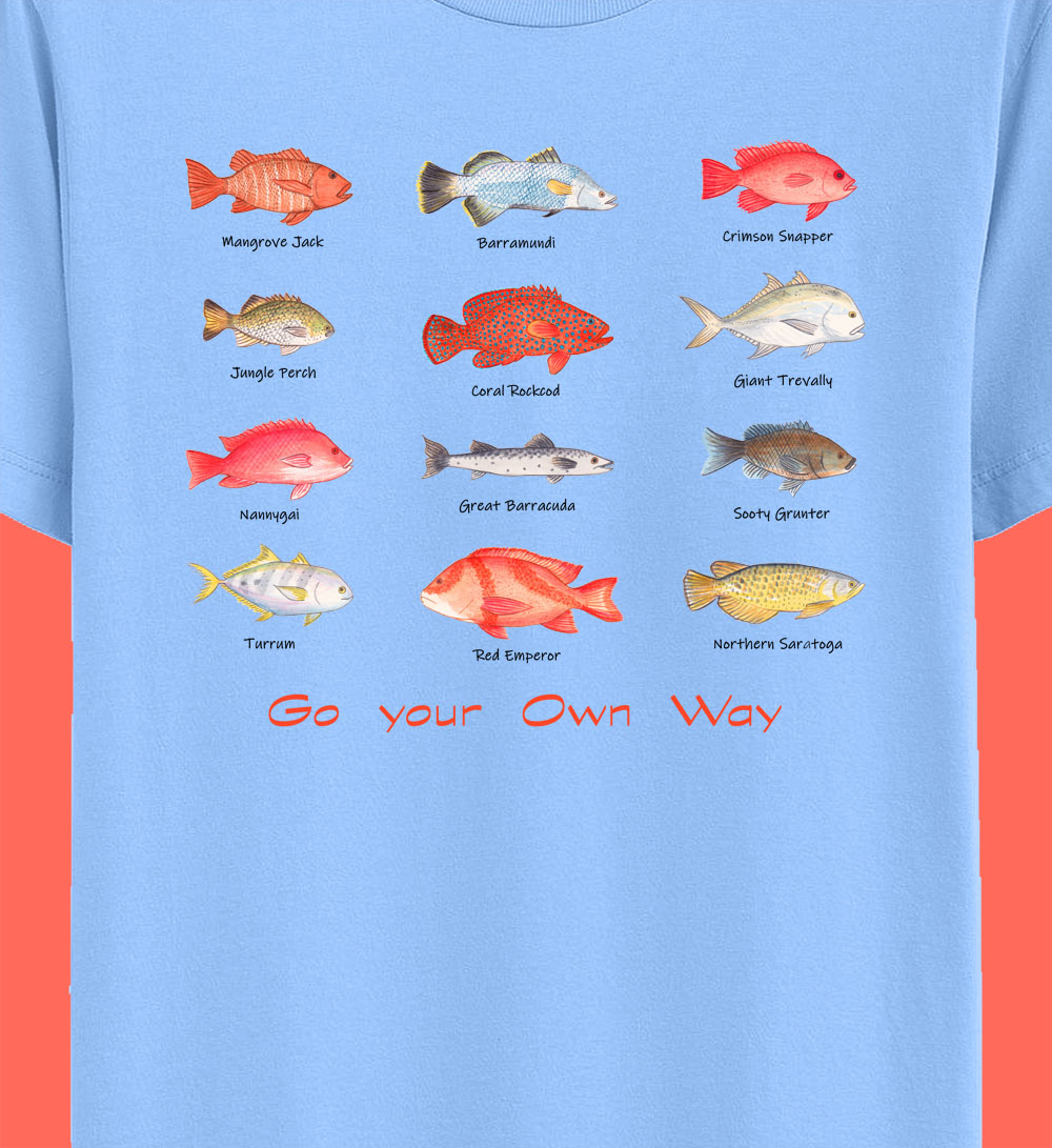 Fish T shirt: Boys T shirts "Go Your Own Way" with Cairns Fish. Blue T shirt, Fishing gifts, Boys Tshirts, Fishing tee shirts