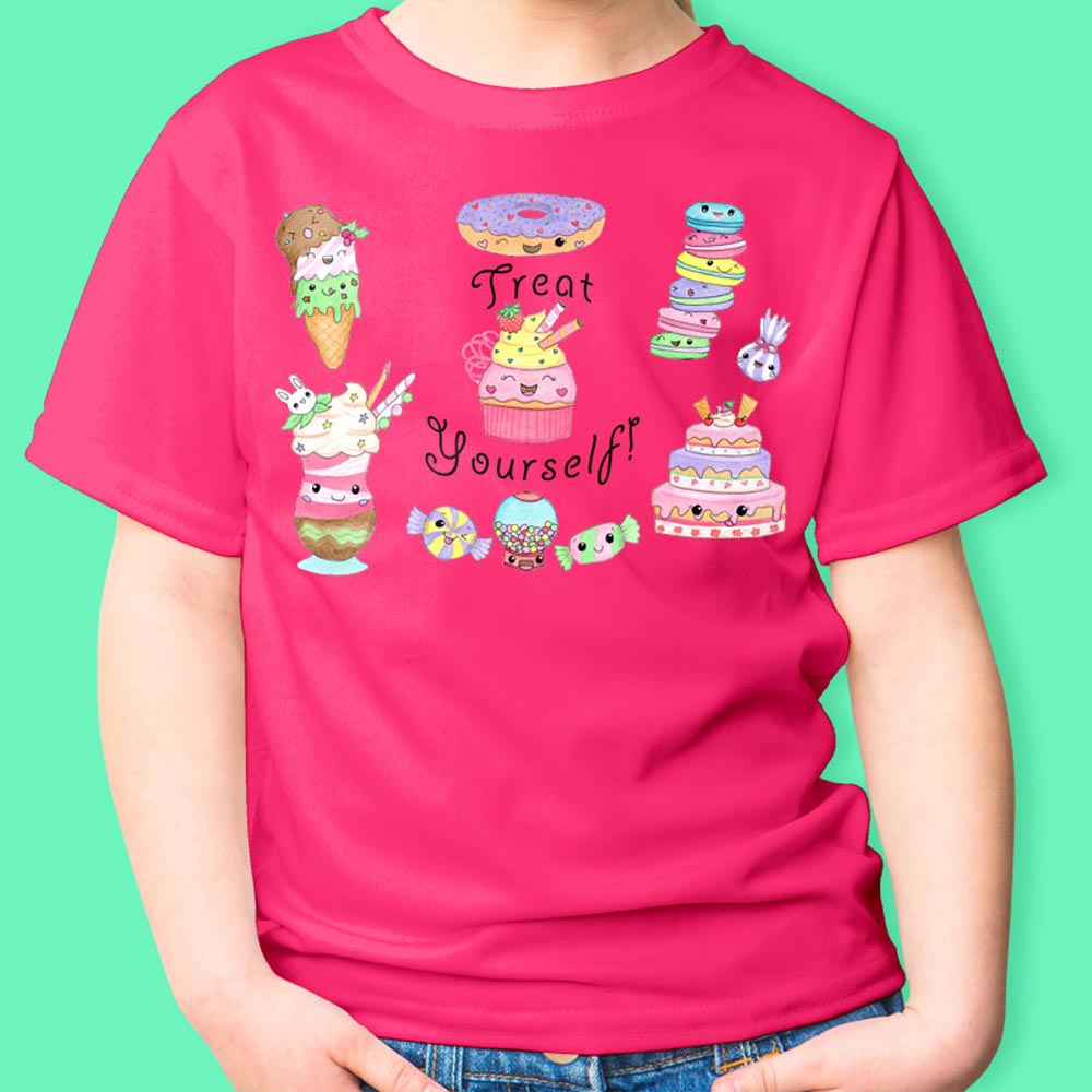 Girls T shirts: Pink T shirt "Treat Yourself" Girl T shirt with Kawaii Cake