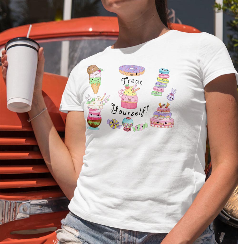 Womens Graphic Tees: White T shirt "Treat Yourself" Cute T shirts with Kawaii Cake 