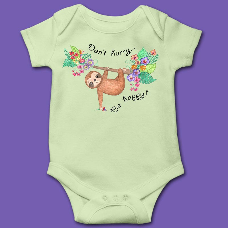 Baby Shower Gifts: Unisex Baby Clothes "Don't Hurry Be Happy" Romper with Baby Sloth and Muslin Swaddle