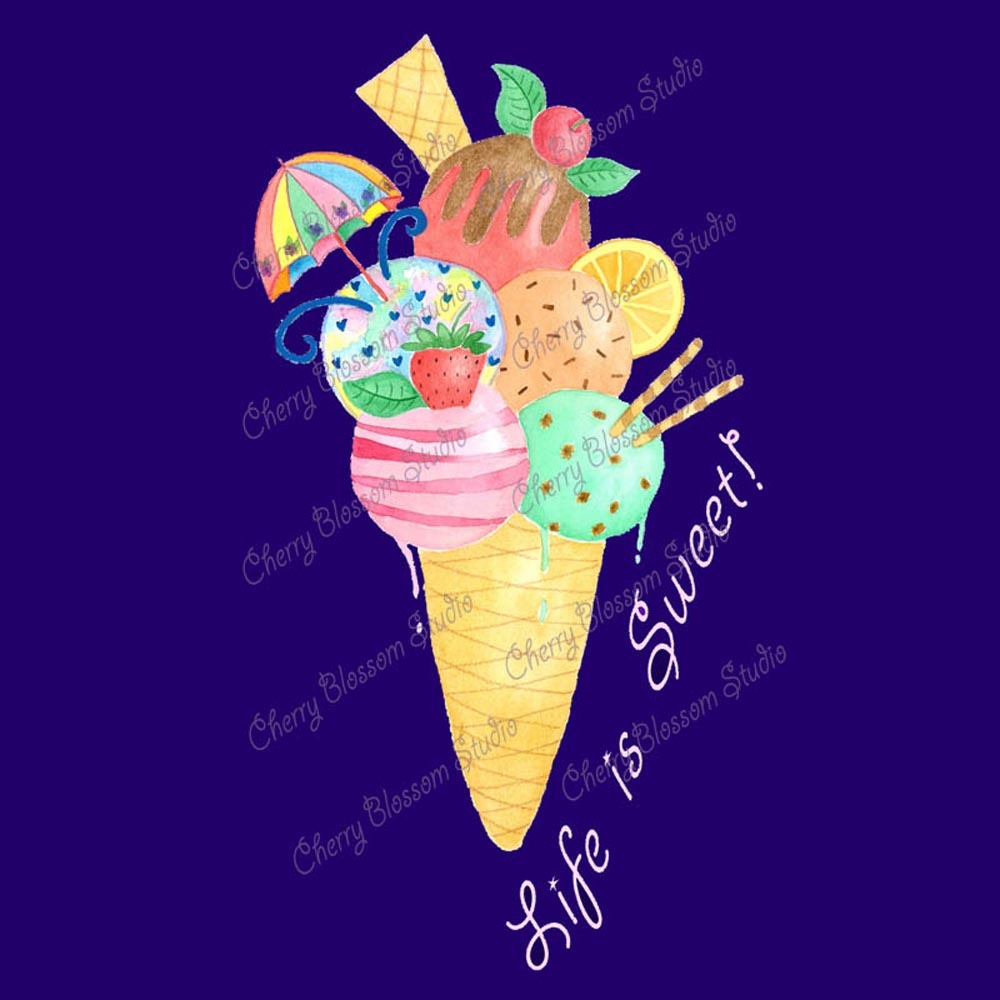 Womens Graphic Tees: Purple T shirt "Life is Sweet" Cotton T shirt with Icecream Cone