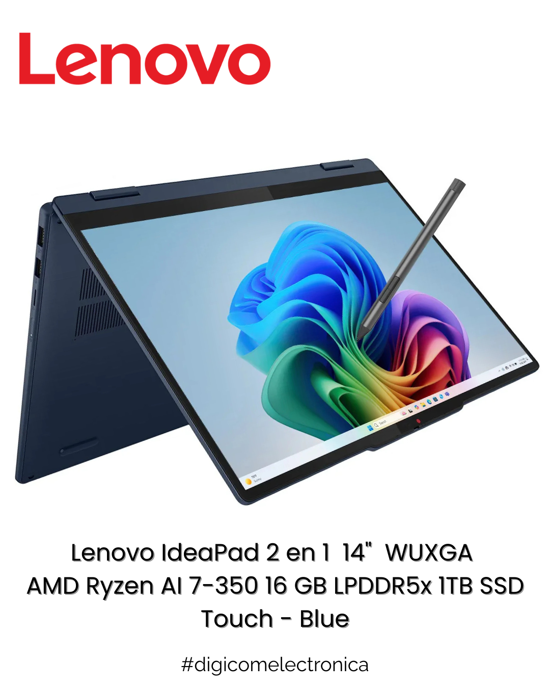 Lenovo IdeaPad 2 en 1 83KT001YUS 14" WUXGA Touch AMD Ryzen AI 7-350 16 GB LPDDR5x 1TB SSD - Blue