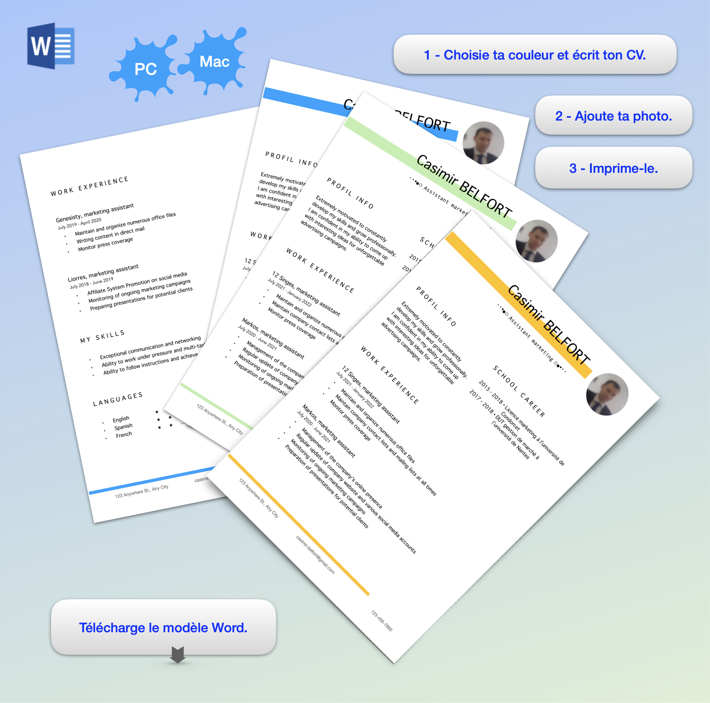 Curriculum vitae (CV) pour Word, simple, épuré, efficace, original et en couleur.