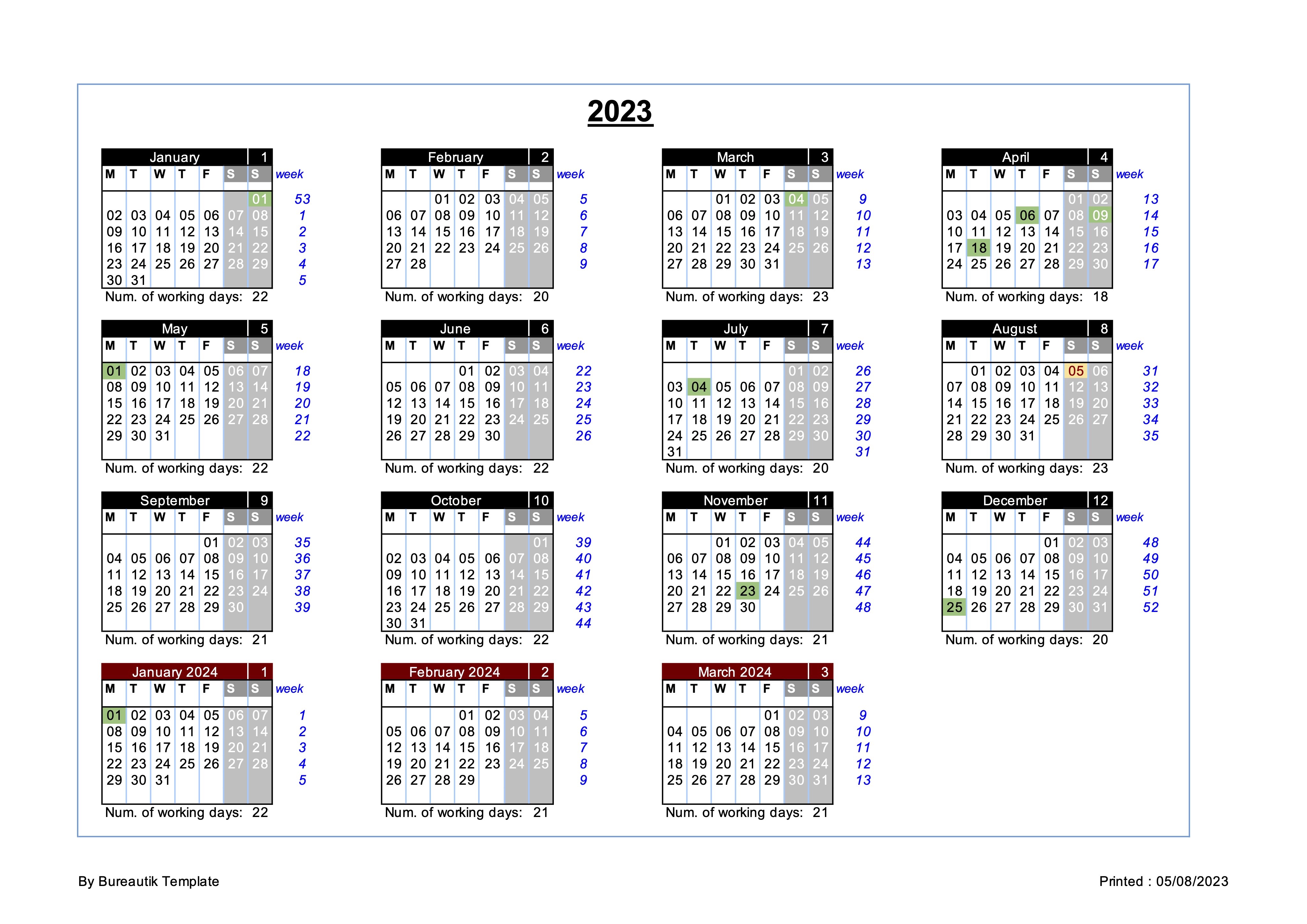 Perpetual calendar: printable year and month