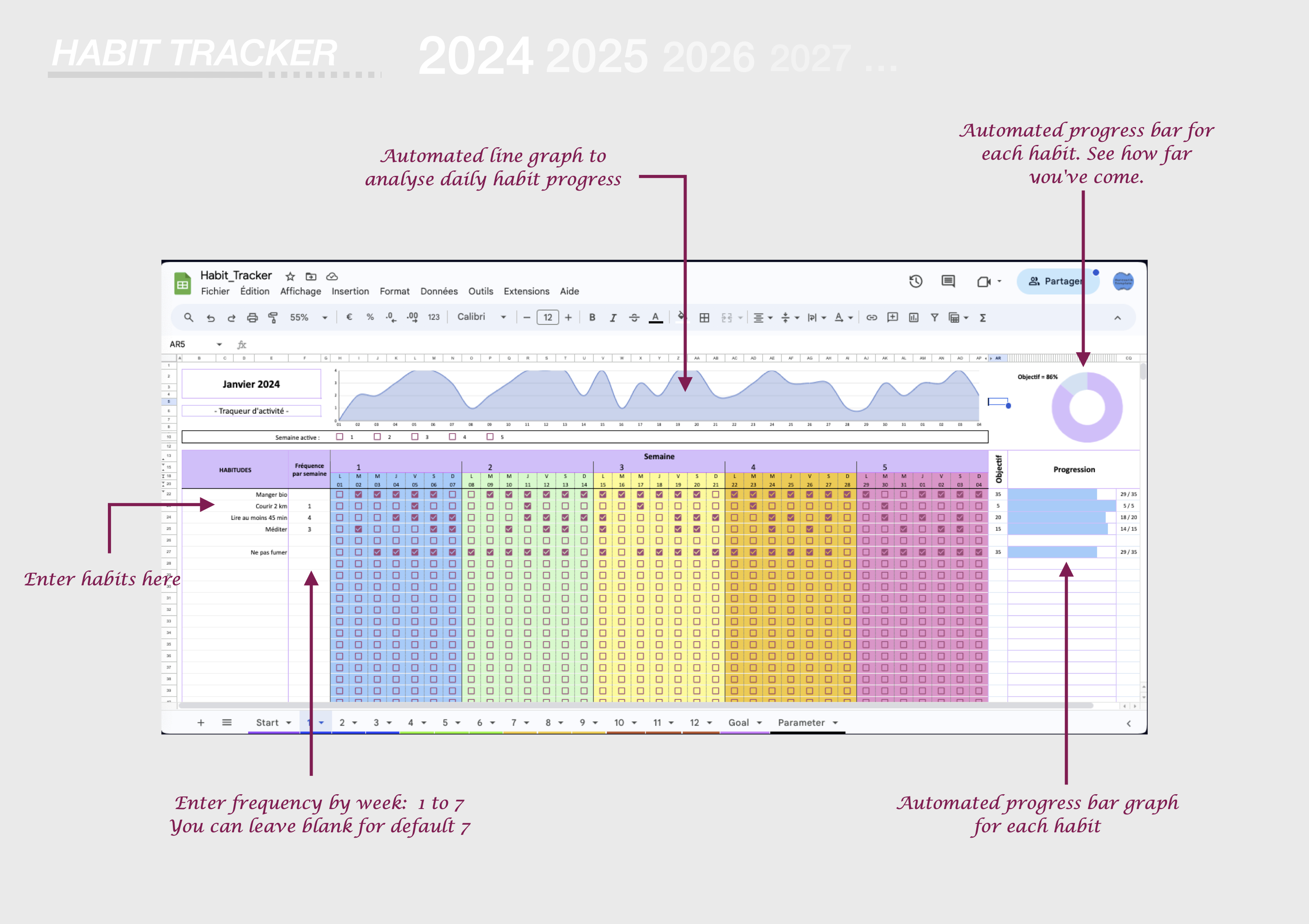 Habit Tracker: Track your habits (Excel or Google Sheets)