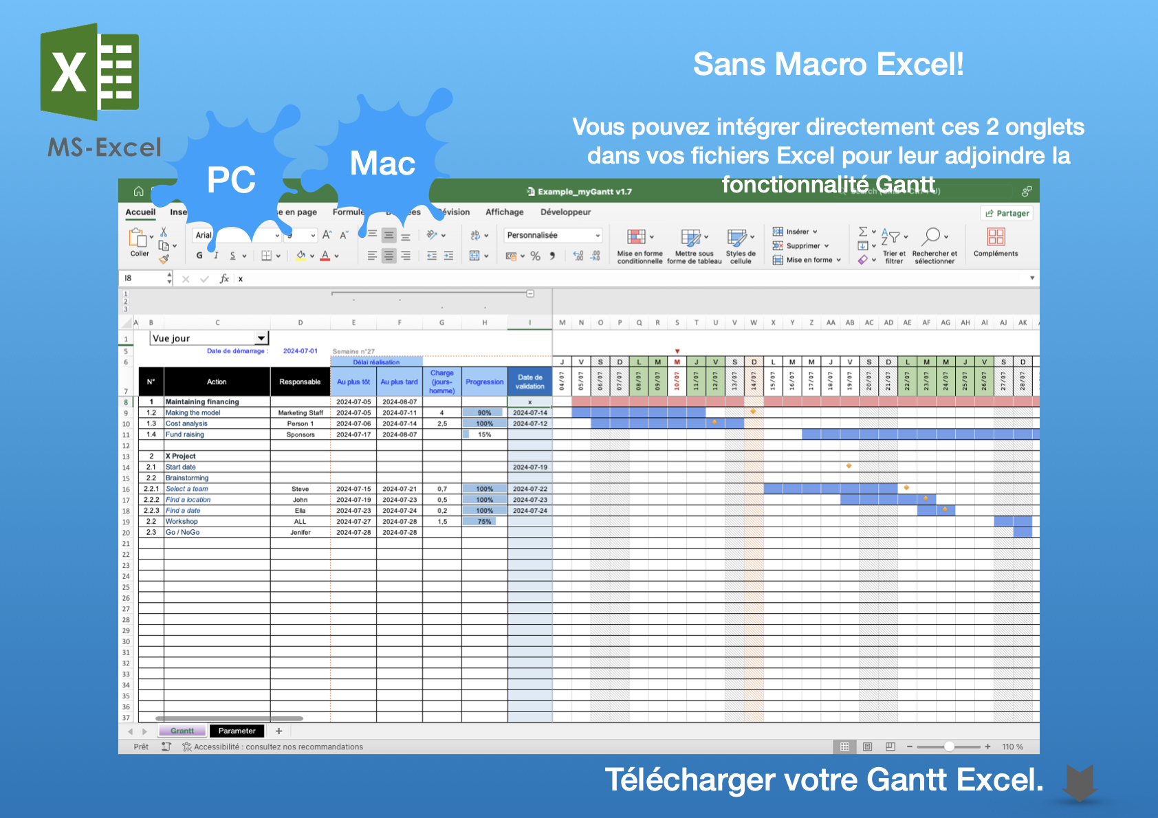myGantt: Excel Gantt personnalisable, planificateur de tâches, Gestionnaire de projet