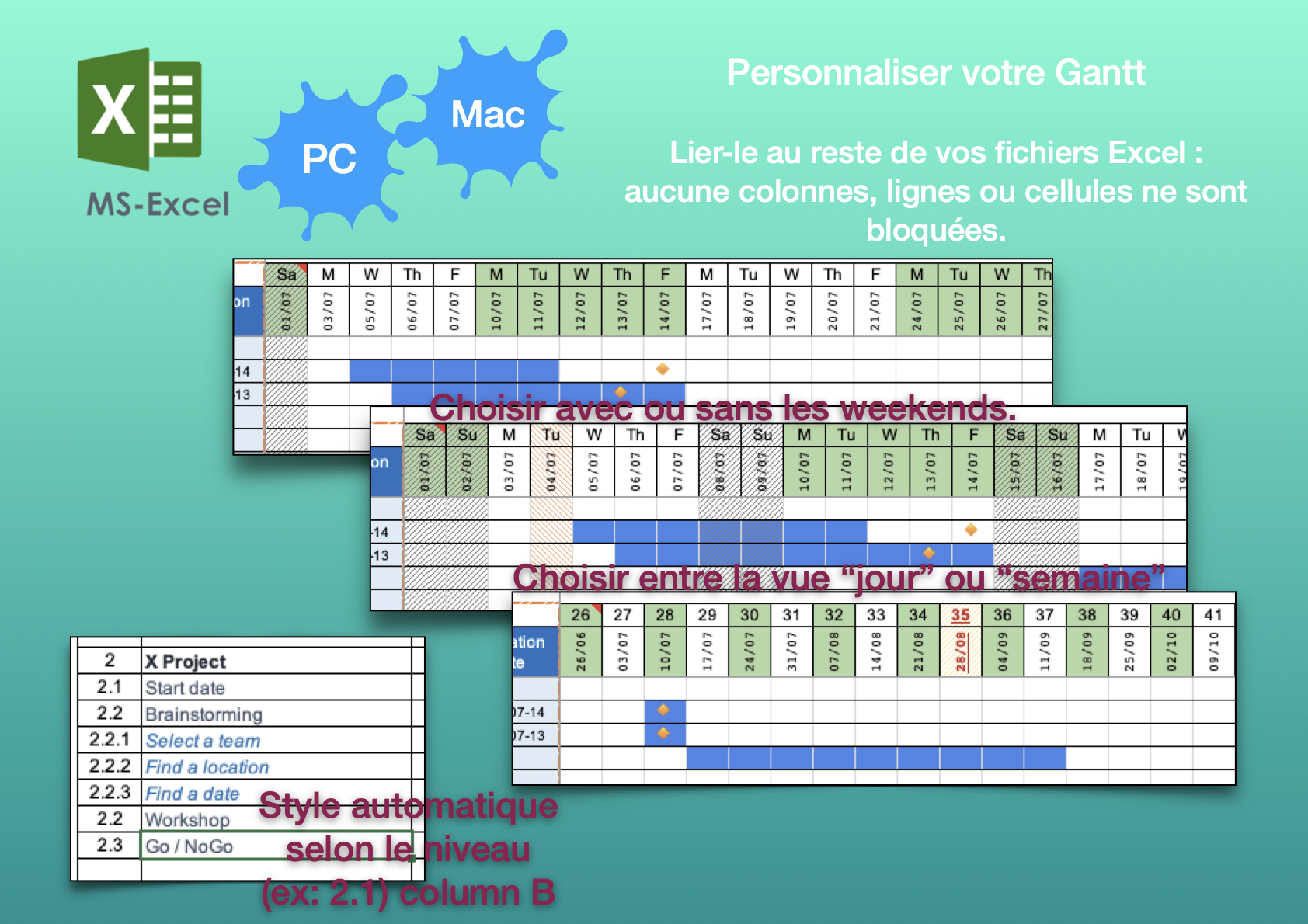 myGantt: Excel Gantt personnalisable, planificateur de tâches, Gestionnaire de projet