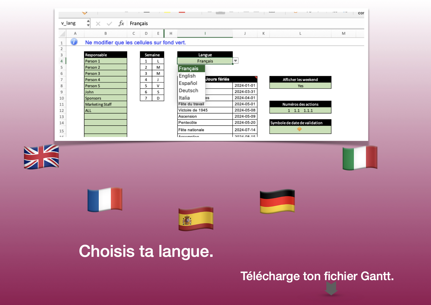 myGantt: Excel Gantt personnalisable, planificateur de tâches, Gestionnaire de projet