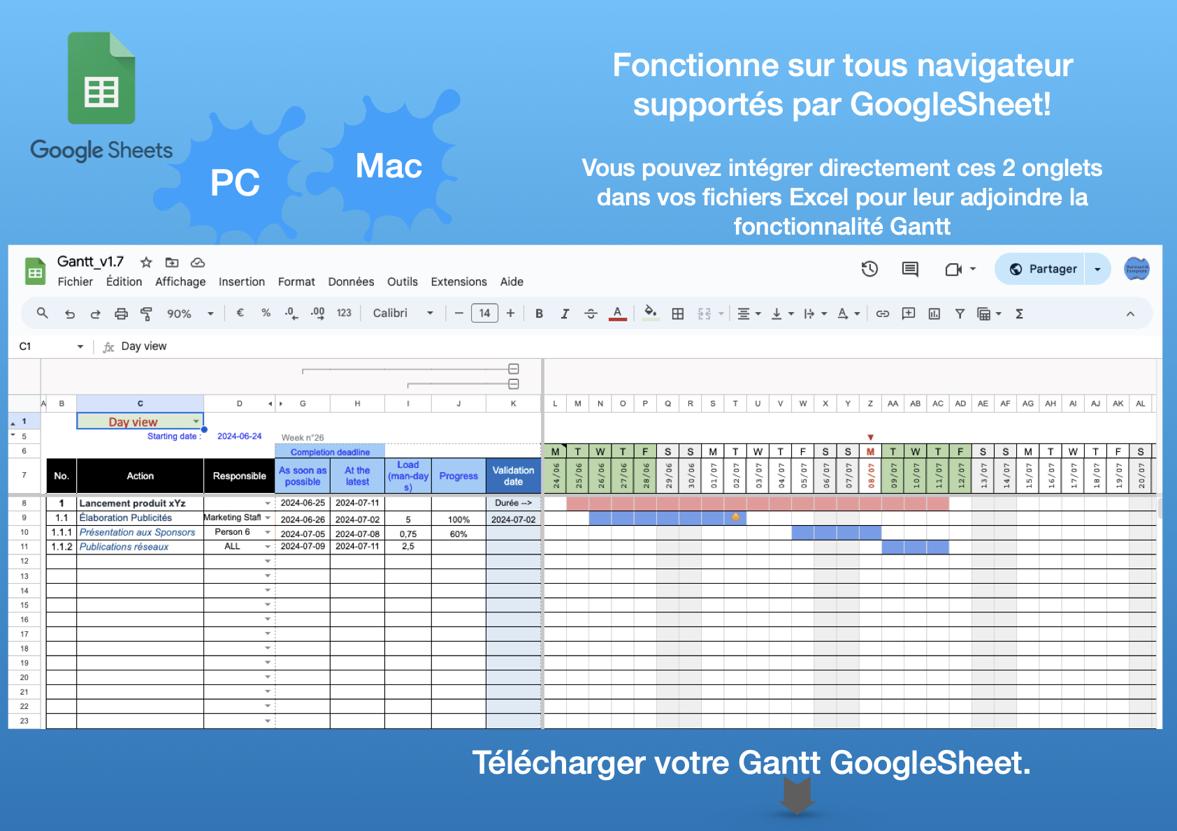 myGantt: GoogleSheet Gantt personnalisable, planificateur de tâches, Gestionnaire de projet