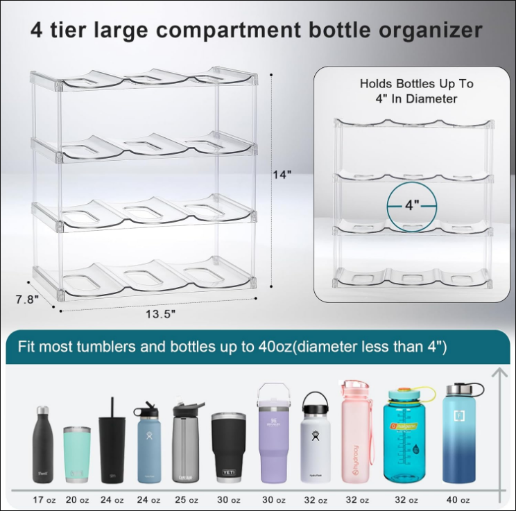 4 Tier Stackable Water Bottle Organizer for Cabinet - Premium Clear Holder for Tumbler, Travel Bottle, Wine Rack Display - Home Kitchen Pantry Refrigerator Organization and Storage - Hold 12 Bottles