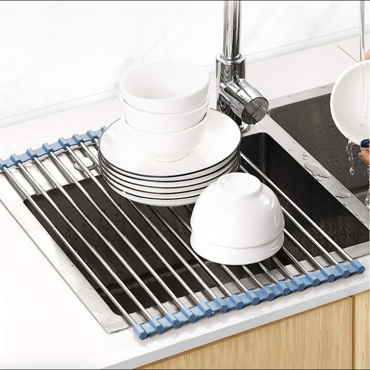 Over The Sink Dish Drying Rack, Roll Up Dish Drying Rack Kitchen Dish Rack Stainless Steel Sink Drying Rack, Foldable Dish Drainer, Gray