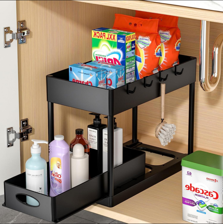 Under Sliding Cabinet Basket Organizer, 2 Tier Under Sink Organizers Black Under Sink Storage for Bathroom Kitchen