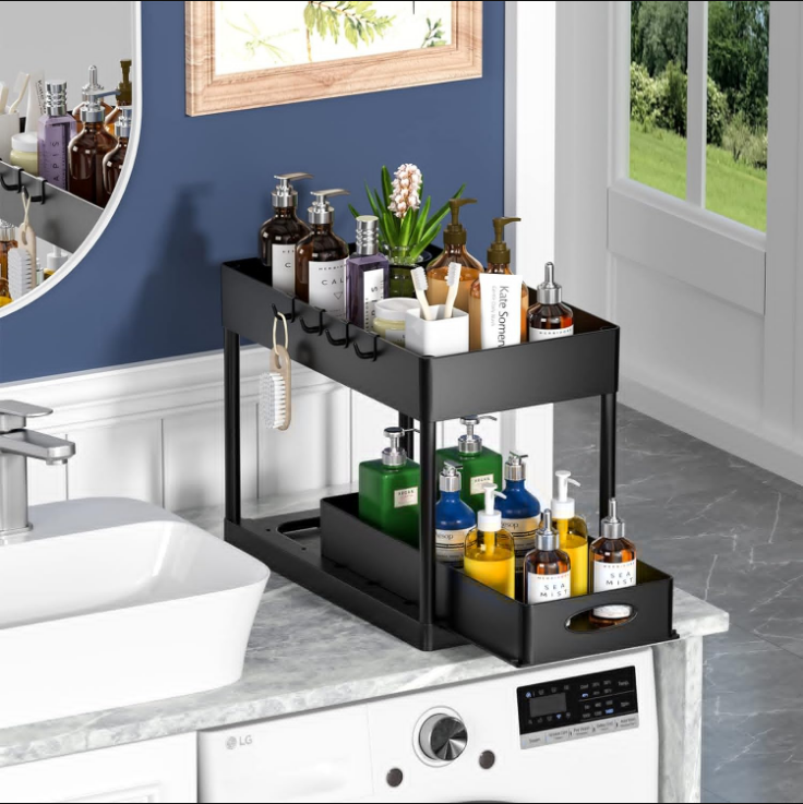 Under Sliding Cabinet Basket Organizer, 2 Tier Under Sink Organizers Black Under Sink Storage for Bathroom Kitchen