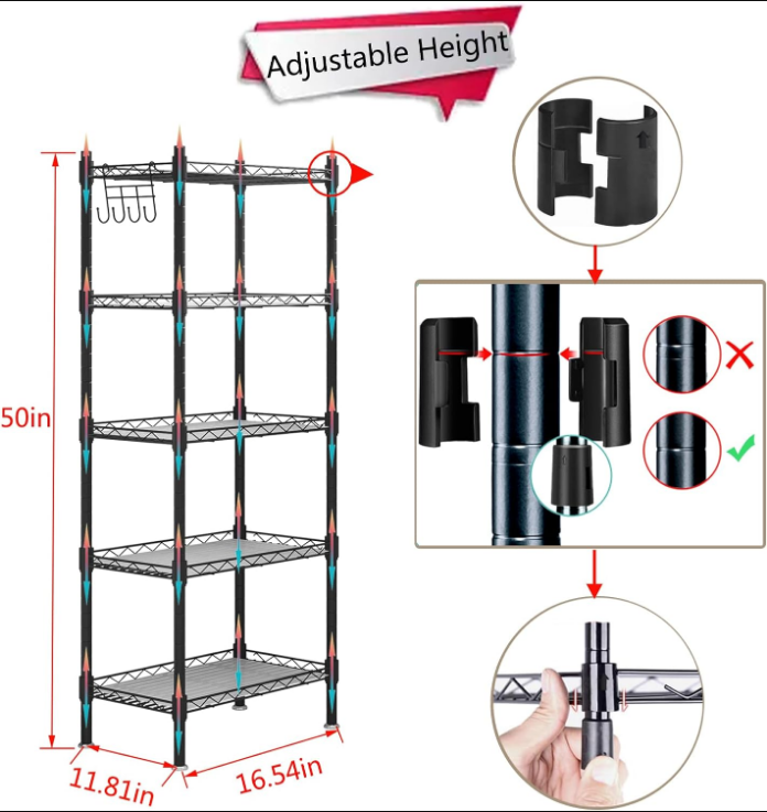 Shelf 5 Wier Metal Storage Rack Shelving Unit Organizer for Kitchen Laundry Garage Bathroom Pantry Closet Office(16.54" Wx11.81 Dx50 H,Black)